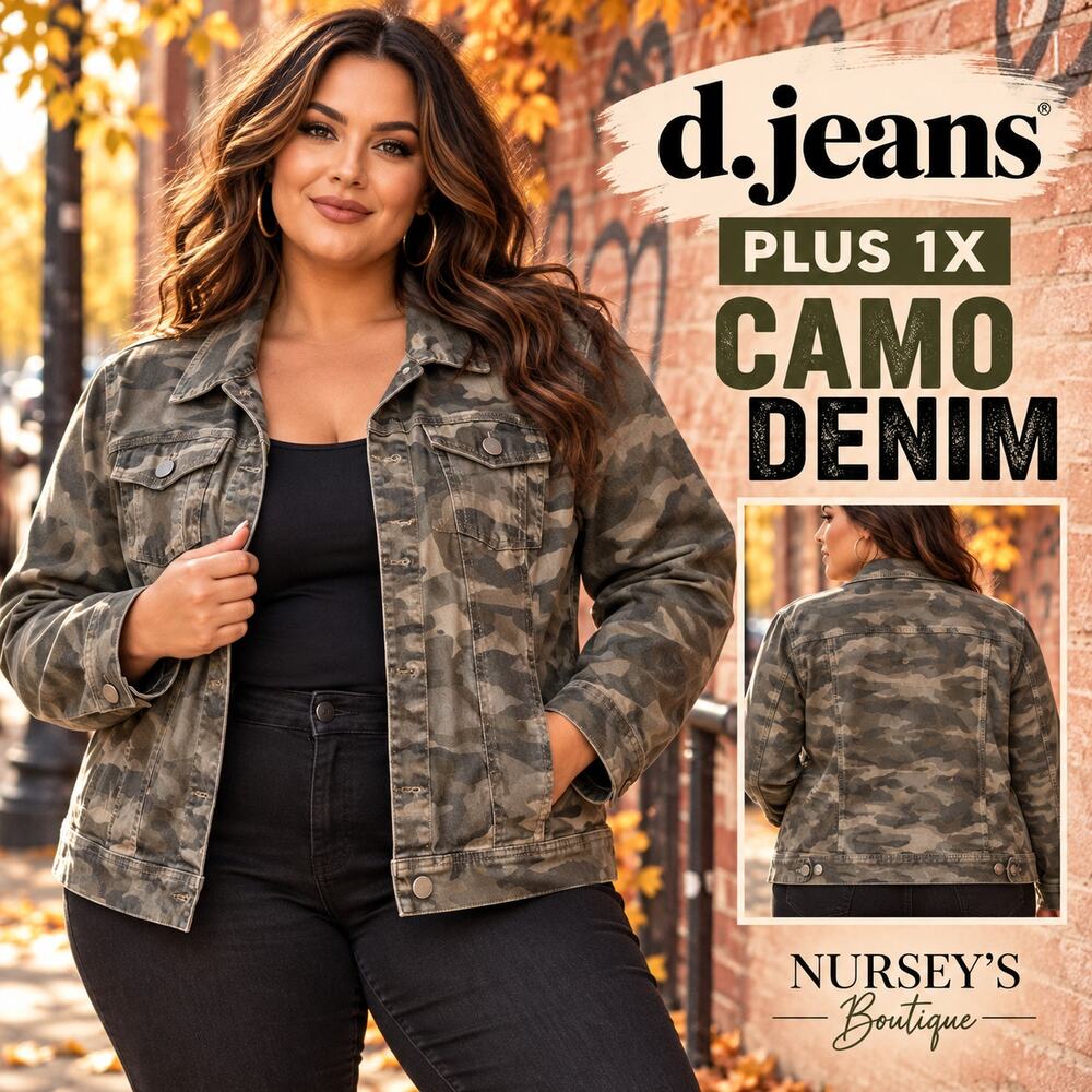 d.jeans Plus 1X Camo Distressed Denim Jacket Stretch Utility Grunge